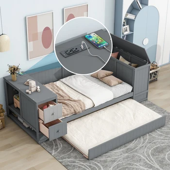 Kapalı yatak odası mobilyaları için Depolama Kollu, Tekerlekli ve Şarj İstasyonlu Gri İkiz Boy Daybed