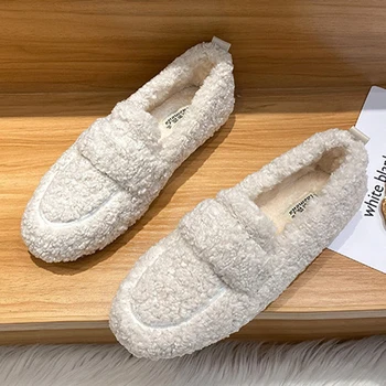 Artı Boyutu Kadın Shearlıng Flats Kürklü Lambswool Mocasines Mujer Sıcak pamuklu ayakkabılar Bayanlar Koyun kürk astarlı Loafer'lar Üzerinde Kayma Kış