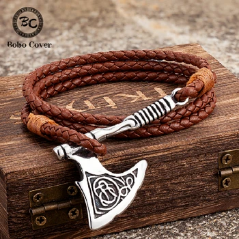 Vintage Viking Balta Celtic Knot Bilezik Erkekler Antika Paslanmaz Çelik Çekiç Deri Halat Zincir Bileklik İskandinav Runes Muska Takı