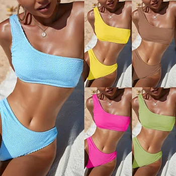 Seksi Yüksek Bel Bikini Set Kadınlar için Bir Omuz Mayo Düz Renk Mayolar Mayo Kadın Push Up mayo