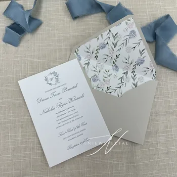 Şık Mavi Tipo Düğün Davetiyesi Kartları, Güzel Desenli Zarf Astarlı Pamuklu Düğün Davetiyeleri