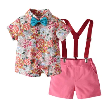 Pamuk Moda Çocuk Boys Giyim Yaz Günlük Rahat Seti Çocuk Çiçekler Baskılı Gömlek + Pembe Pantolon + Askı + Yay 4 ADET Takım Elbise