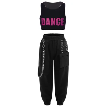 Çocuklar Moda Hip Hop Giyim Kolsuz Streetwear Mektuplar Baskılı Kırpma Üst Kargo Sweatpants Kızlar İçin Caz dans kostümü