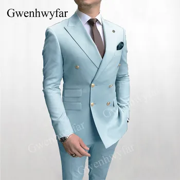 Gwenhwyfar Gök Mavisi Erkek Takım Elbise Kruvaze 2020 Son Tasarım Altın Düğme Damat Düğün Smokin En İyi Kostüm Homme 2 adet