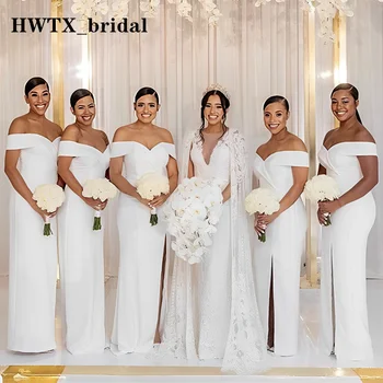 Zarif Beyaz Mermaid gelinlik Modelleri Kapalı Omuz Yan Yarık Saten Düğün Parti Elbise Uzun Artı Boyutu Hizmetçi Onur Törenlerinde