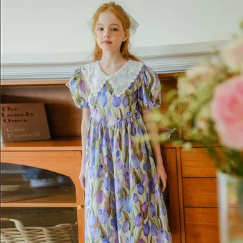 Prenses Elbise Gençler Kızlar İçin Yaz Koreli Çocuk Giysileri Çiçek Baskı Dantel Yaka Çocuk Parti Elbise 8 10 12 14 Yaşında