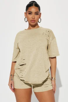 KEXU Aktif Kesme Delik kadın Seti kısa kollu tişört ve Şort Takım Elbise Yaz Moda 2023 İki 2 Parça Set Kıyafet Eşofman