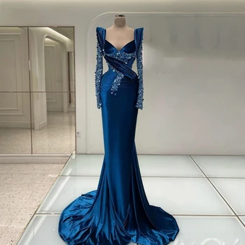 2023 Mavi Suudi Arabistan Mermaid Abiye Uzun Kollu Boncuk Kristal Kadife Balo Abiye Modern Parti Elbise Vestidos Soirée