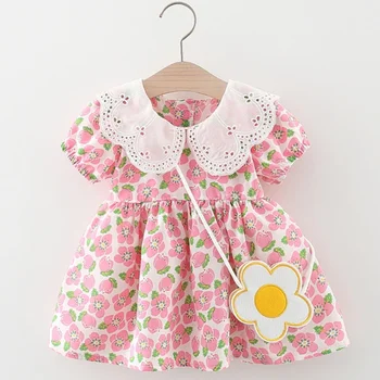 2 Adet / takım Bebek Kız Dantel Yaka Şeftali Çiçeği Şifon elbise 2023 Yaz Yeni Kız Kore Versiyonu Küçük Elbise çiçek + Çanta