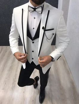 Yeni Varış Fildişi Tam Erkek Takım Elbise Özel Yapılmış Slim Fit Blazer Pantolon Düğün Ceket Damat Parti Giyim 3 Adet Ceket + Yelek + Pantolon