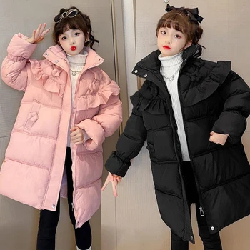 2023 Kış Büyük Boy Gençler Kızlar JacketLong Düz Renk Moda Yaka Sıcak Rüzgarlık 4-12Y Kızlar Aşağı Pamuk Dış Giyim