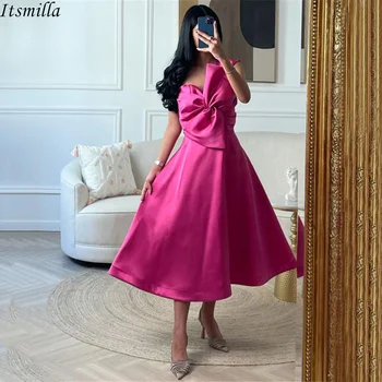 Itsmilla A-line Saten Suudi Arabistan Balo Kokteyl Elbiseleri Büyük Yay ile Bir Omuz Rosa Pembe Çay Boyu Akşam Partisi Törenlerinde
