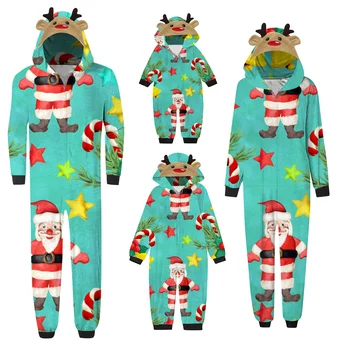 Noel Geyik Kafası İle Santa Koltuk Değneği Baskı Ebeveyn Çocuk Seti Ekose Aile Noel Pijama Seti Tatil Pijama Aile Ekose