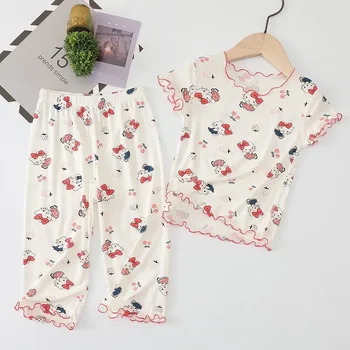 Sanrio hello kitty Kız Kısa Kollu Pantolon Ev Giysileri çocuk Yaz elbiseler Bebek Pijama Buz İpek pijama T-shirt