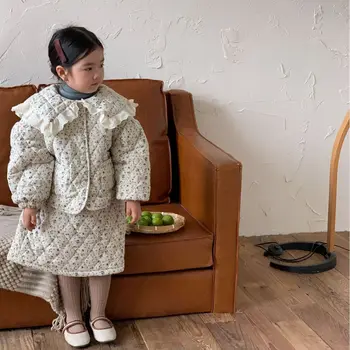 7919 Çocuk Giyim seti 2023 Sonbahar Kış Yeni Koreli kız Takım Elbise Yaka Çiçek Pamuk Ceket + Etek İki Parçalı Takım Elbise