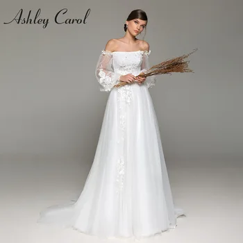 Ashley Carol A-Line düğün elbisesi 2022 Zarif Tekne Boyun Puf Kollu Boncuk Dantel Aplikler Boho gelin kıyafeti Vestido De Novia
