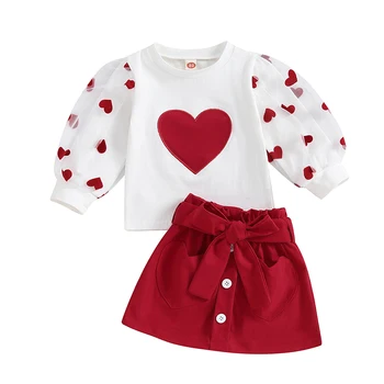 Pudcoco Çocuklar Bebek Bebek Kız Etek Seti, uzun Kollu Ekip Boyun Kalp Baskı T-shirt Etek ve Kemer Güz Kıyafet 6 M-4 T