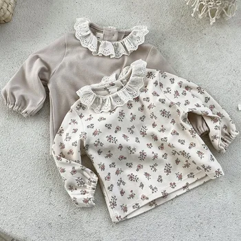 2024 Bahar Bebek Kız Uzun Kollu Bluz Fırfır Bluz Kızlar Casual Çiçek Bebek Kız Bluz Sevimli Dantel Çift Yaka Gömlek