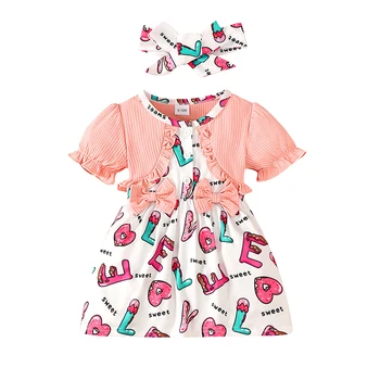 Bebek Kız Sevgililer Günü Elbise Seti Kısa Kollu Ekip Boyun Mektuplar Baskı Patchwork evaze elbise Kafa Bandı ile Yaz Kıyafeti
