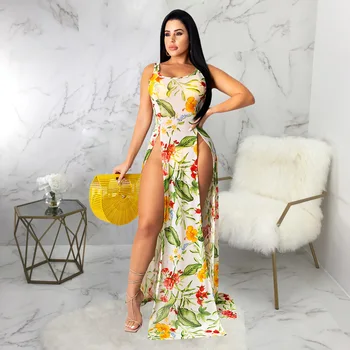 Kadın Palmiye Yaprağı Örgü Cover Up Elbise See Through Yüksek Bölünmüş Uzun Maxi Elbise Yaz Çiçek Baskı Sundress Beachwear
