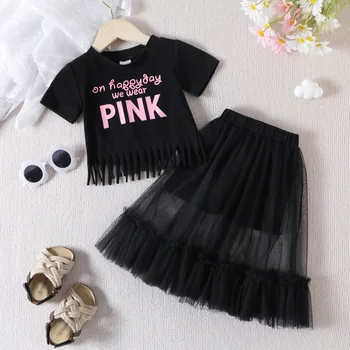 Siyah Renk Kız Takım Elbise Püskül Mektup Baskı T-shirt Örgü Etekler Yaz Çocuk Giysileri Bebek Kız Toddler Çocuk Giyim Seti