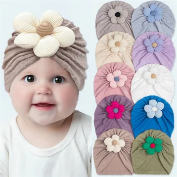 Yeni Sevimli Bebek Türban Şapka Çift Katmanlı Büyük Çiçek Yenidoğan Şapkalar Yumuşak Sıcak Elastik Çocuklar Kafa Sarar Bere Kış Kalınlaşmak Bebek Kap