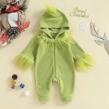 Yenidoğan Bebek Erkek Kız Noel Tulumlar Kürk Trim Uzun Kollu Tulum Yürüyor Bebek Yeşil Canavar Noel Kostüm