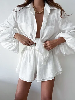 2023 Kadın İlkbahar Yaz Bohemian Şort Setleri Katı Beyaz Gevşek Fit Kıyafetler Bluz Takım Elbise 2 İki Parçalı Set Kadınlar için