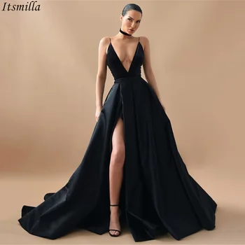 Itsmilla Siyah Saten Uzun Akşam Parti Elbiseler Kadın Derin V Yaka Yüksek Yarık Bir Çizgi Backless Örgün Balo Elbise Vestidos De Noche