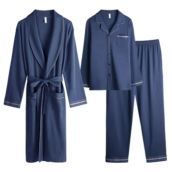 Erkek V Yaka Pamuklu Bornoz Kemer Bornoz ve Düğme Uzun Kollu Pijama Setleri Cepli, Üç parçalı ev takım elbise