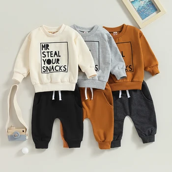 Ilkbahar Sonbahar Yürümeye Başlayan Bebek Erkek 2 ADET giyim setleri Uzun Kollu Mektup Baskı Kazak Üstleri ve İpli Pantolon Setleri 0-3Y