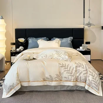 100 % Mısır Pamuk Lüks nevresim takımı Yapraklar Nakış Yorgan yatak örtüsü seti Elastik Bant yatak çarşafı Seti Yastık Kılıfı Yumuşak Yatak Setleri