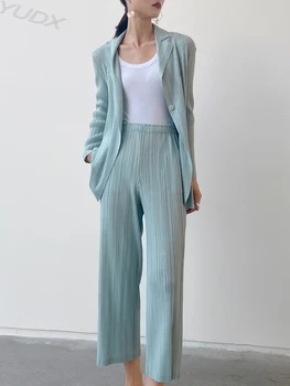 YUDX Kadın Pilili Ceketler Katı Bir Düğme Yaka Uzun Kollu Ceket Rahat Tarzı Gevşek Vahşi 2023 Yeni Yaz Moda