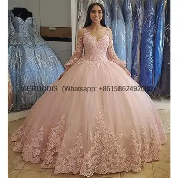 Uzun Kollu Tül Balo Quinceanera Elbiseler 15 Parti Moda Aplikler Kat Uzunlukta Prenses Külkedisi Doğum Günü Törenlerinde