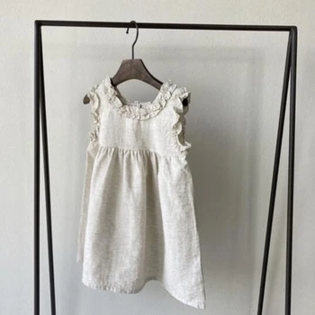 Çocuk Giysileri Kız Elbise İlkbahar Yaz Dantel Yaka Prenses Sundress Bebekler için Pamuk Keten Katı Küçük çocuk Giyim