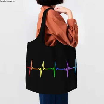 Gökkuşağı Darbe Heartbeat LGBT Bakkal Alışveriş Çantaları Sevimli Baskı Tuval Alışveriş kol çantası Çanta Büyük Kapasiteli Taşınabilir Çanta
