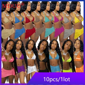 10 Setleri Moda Bikini 3 Parça Setleri Kadın Yaz Seksi Halter Plaj Mayo Kıyafetler Katı Mayo Y2k Toplu Toptan M0508