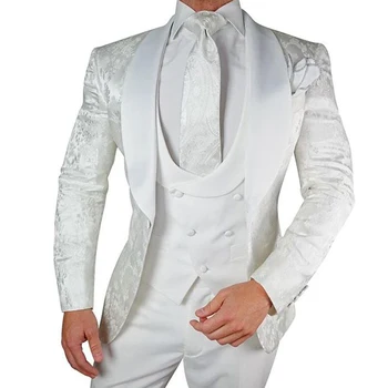 Beyaz Çiçek Düğün Smokin Damat 3 Parça slim fit uzun kollu erkek gömlek Takım Elbise Saten Şal Yaka Özel Erkek Moda Kostüm Ceket Yelek