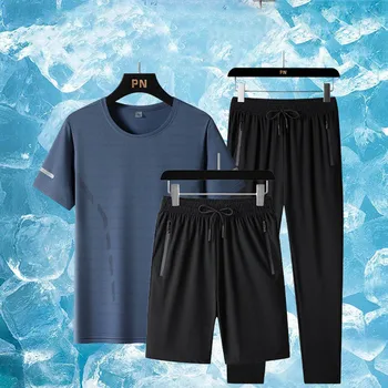 2023 Buz İpek Büyük Boy streç tişört rahat pantolon Takım Elbise Yaz erkek 3 Parça Spor Spor Erkek Joggers Koşu Seti