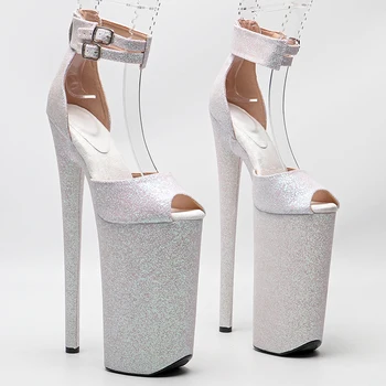 Leecabe 26 CM / 10 inç Glitter PU üst Burnu açık Yüksek Topuk platformu seksi egzotik parti sandalet Kutup Dans ayakkabıları