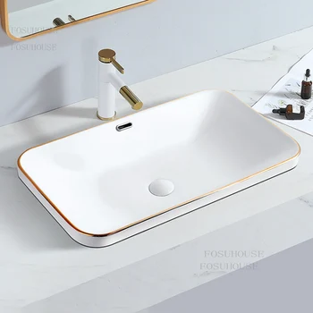5 Boyutları Beyaz Seramik banyo lavaboları Modern Altın Kenar yıkama lavabosu Basit Gömme İçine Tuvalet Lavabolar Kare lavabo B