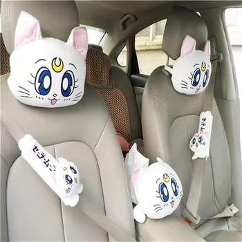 Yeni Karikatür Kafalık Yastık Sevimli Araba Luna Kedi Kafa Peluş Boyun Yastık Araba Koltuğu Kafalık Yastık Kawaii Araba Aksesuarları Kızlar için