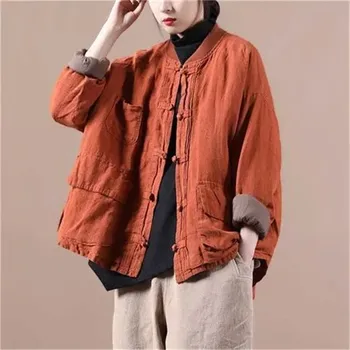 Kadınlar Vintage Ceket Düz Renk Pamuk Keten Mont Standı Düğmesi Patchwork Cep 2023 Kış Gevşek Kadın Pamuk dolgulu giysiler