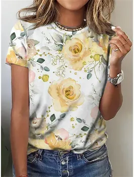 Yeni kadın T Shirt 3D Baskı Çiçek Tasarım Grafik Üstleri Moda O-boyun Kısa Kollu Tees Streetwear Y2k Giyim kızlar İçin