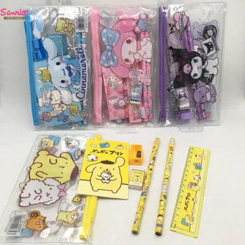 10 adet Sanrio Kuromi Kalem Kulomi Hb kurşun kalem silgisi Kombinasyonu saklama çantası Seti Okul Kawaii Sevimli Öğrenci Kırtasiye Malzemeleri