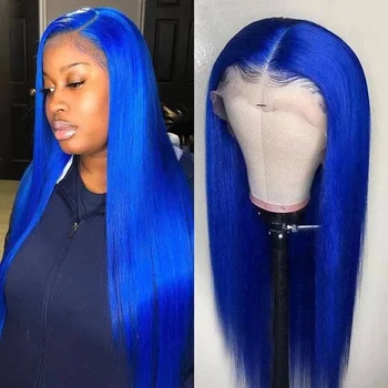 HD 13x4 Mavi düz insan saçı Dantel ön peruk 13x4 dantel ön Peruk Brezilyalı Bakire Mavi Saç Peruk Kadınlar için Satış Ön Koparıp