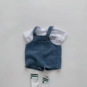 2023 Yaz Bebek giyim setleri Toddler Kız Elbise Takım Elbise Bebek Beyaz Tees Ve Denim Tulum Askı Pantolon Erkek Kıyafetler Seti 0-3Y