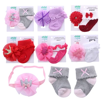Dantel İlmek Saf Renk Pamuk Bebek Çorap Taç İnci Çiçek Beş Köşeli Yıldız Elastik Bebek Kafa Bandı Çorap Seti 0-12Month