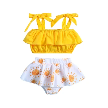 Bebek Bebek Kız İki parçalı Mayo Kolsuz Omuz Yelek Plaj Havuzu Güneş Baskı Şort Bikini Mayo Mayo