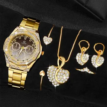 Altın Lüks İzle Kadınlar Yüzük Kolye Küpe Taklidi Moda Kol Saati Casual Bayanlar Bilezik Saatler takı seti